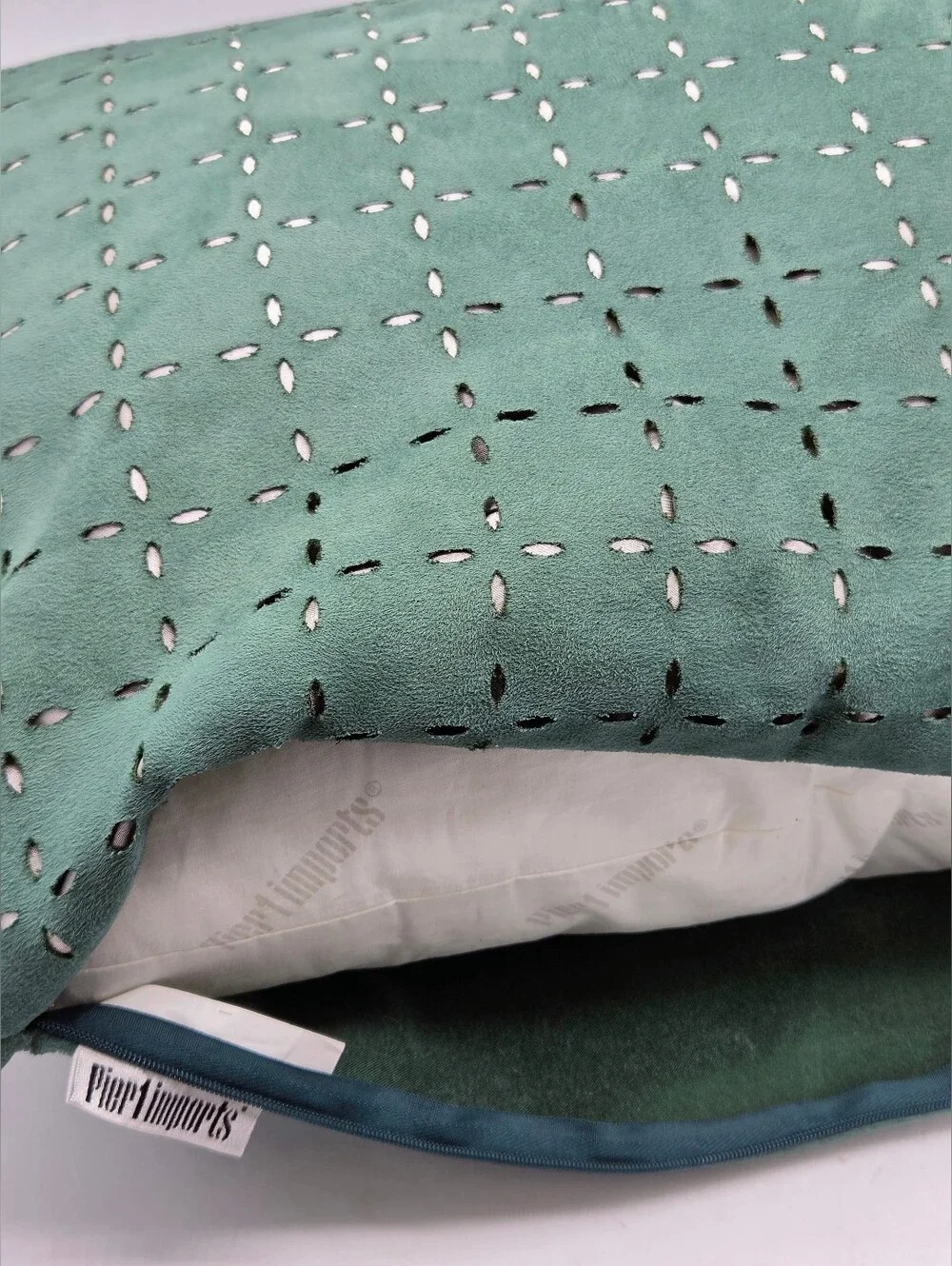 Pier 1 Imports Green Faux Suede Cutout Throw Pillow Feather Insert 16x16
